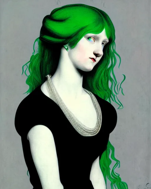 Prompt: photo-realistic portrait of a young pale woman with green hair, wearing a black t-shirt by Vivienne Westwood, intricate details, super-flat, in the style of James Jean, Jean Auguste Dominique Ingres, black background