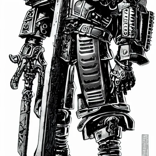 Prompt: a cyberpunk paladin from warhammer 4 0 k in very heavy silver armor wearing a crusaders helmet he is holding a large long sword in a cyberpunk setting, comic book art, cyberpunk, art by stan lee, pen drawing, inked, colorful, bright high tech lights, dark, moody, dramatic, deep shadows, marvel comics, dc comics