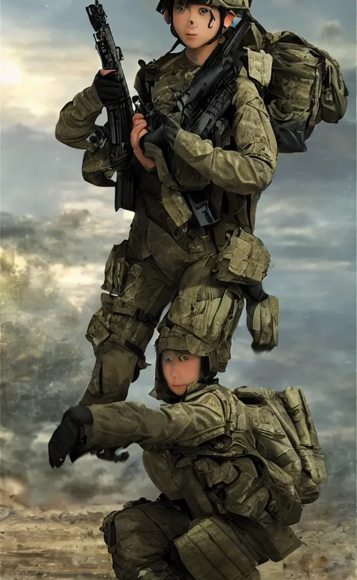 Image similar to girl, trading card front, future soldier clothing, future combat gear, realistic anatomy, war photo, professional, by ufotable anime studio, green screen, volumetric lights, stunning, military camp in the background, metal hard surfaces, generate realistic face, real eyes, strafing attack plane