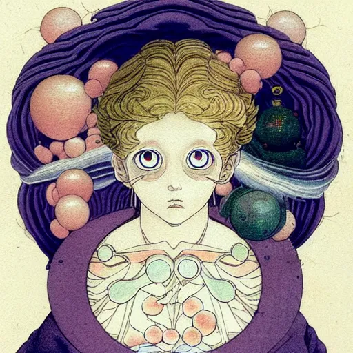 Image similar to prompt: Fragile looking vessel portrait face drawn by Katsuhiro Otomo, inspired by Carlo Dolci, magical and alchemical objects on the side, soft light, white background, intricate detail, intricate ink painting detail, sharp high detail, manga and anime 2000