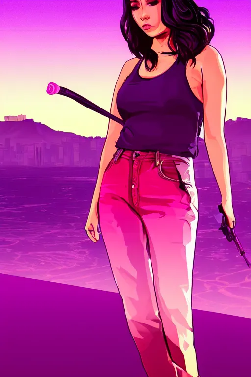 Image similar to a stunning GTA V loading screen with a beautiful woman with ombre hairstyle in purple and pink blowing in the wind, sunset, outrun, vaporware, retro, digital art, trending on artstation