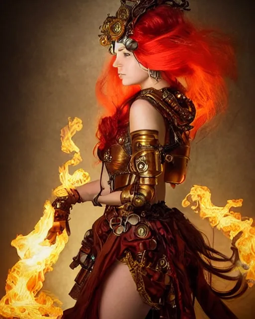 Image similar to a beautiful image of a young woman, steampunk Chandra queen of fire, big googles over her head, long flowing hair glowing with fire, steampunk costume mostly red and gold young female face, cinematic top lighting, insanely detailed and intricate, face by wlop, Charlie Bowater, golden ratio, symmetric, elegant, ornate, luxury, elite, matte painting, cinematic, trending on artstation, deviantart and cgsociety, 8k, high resolution