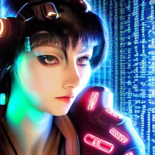 Prompt: cyberpunk hacker girl portrait, highly detailed, alita, studio lighting, neon backlit, 8 k