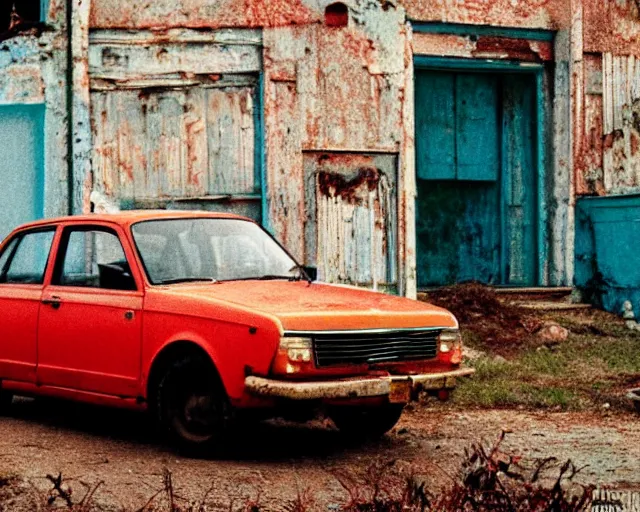 Image similar to a lomographic photo of old lada 2 1 0 7 standing in typical soviet yard in small town, hrushevka on background, cinestill, bokeh