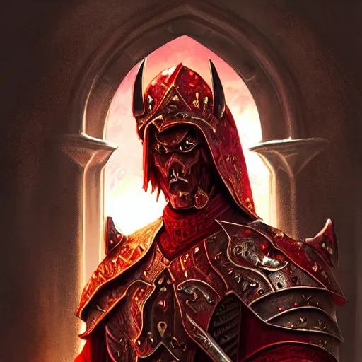 Prompt: blood paladin, fantasy art, located in a castle, legendary armor, red sunlight through the window, decorated, high quality, highly detailed,