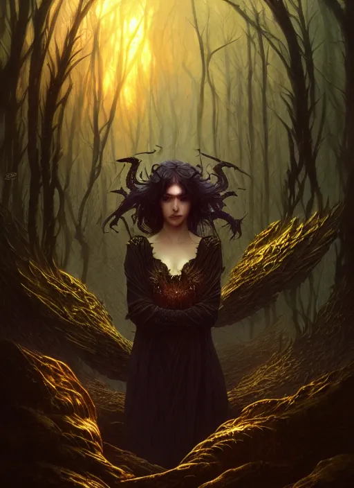 Image similar to book cover, award winning, dark crow, fantasy forest landscape, dragon scales, fantasy magic, dark golden light night, intricate, elegant, sharp focus, illustration, highly detailed, digital painting, concept art, matte, art by WLOP and Artgerm and Greg Rutkowski and Alphonse Mucha, masterpiece