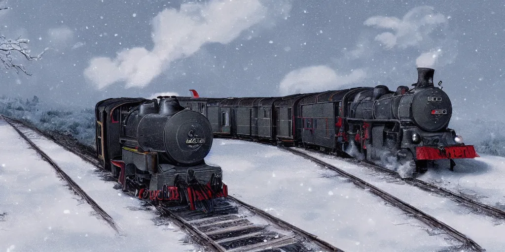 Image similar to ultra detailed and realistic painting of a heavy steam train in the snow under a blizzard, realistic style, inspired by very beautiful cute and colored disney movie backgrounds, bloom, high details, rendered in 8 k unreal engine