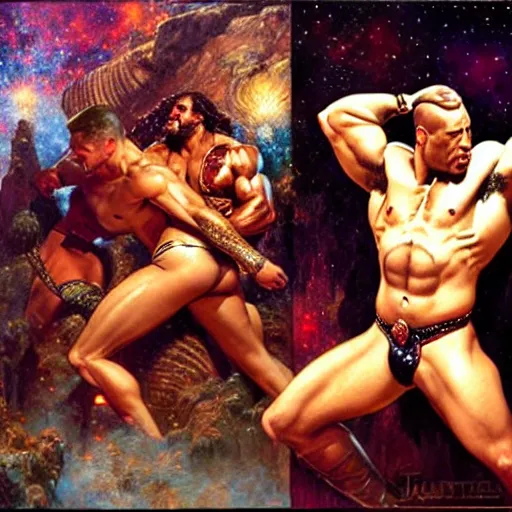 Prompt: muscular dwayne the rock johnson wears leather and drinks martinis at a celestial dance club and falls in love with the handsome god jupiter, painting by gaston bussiere, craig mullins, j. c. leyendecker, tom of finland