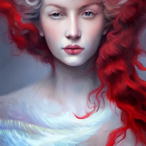 Image similar to a painting of a woman who made of curly white and transparent feathers cloud with red edges is holding a sword, a digital painting by charlie bowater, trending on artstation, metaphysical painting, speedpainting, made of feathers, digital painting, holographic undertones, highly saturated colors, 4 k, digital art, concept art, trending on artstation