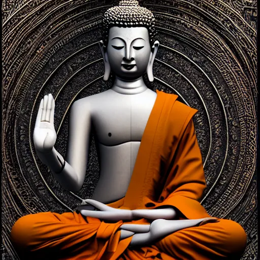 Image similar to buddhist meditating, full body, hand gesture, photorealistic art, 8k, high definition, intricate detailing