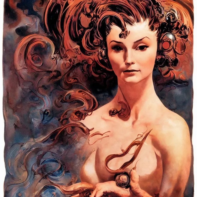 Image similar to portrait of a woman with swirling hair and fractal skin by frank frazetta, retrofuturism, psychedelic art reimagined by industrial light and magic