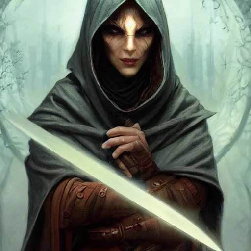 Image similar to portrait, mysterious rogue wearing a cloak, covered face, rpg game, stern expression, main character, detailed, digital painting, artstation, sharp focus, illustration, artgerm, tomasz alen kopera, peter mohrbacher, donato giancola, joseph christian leyendecker, wlop, frank frazetta