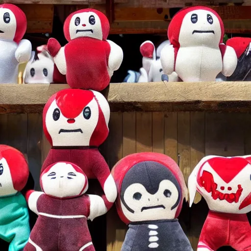 Image similar to haunting plushies being sold at an amusement park, devilish, nightmare - fuel, scary, cursed, evil