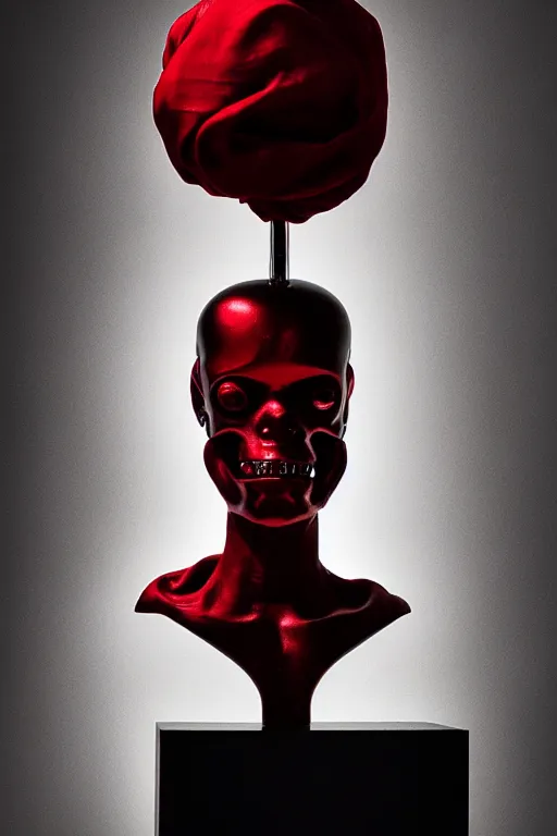 Image similar to chrome cyclops head statue layed on a red silk fabric, by hedi xandt and antonio corradini, macabre art, dark surrealism, epic and cinematic view, volummetric light, texturized, detailed, 8 k