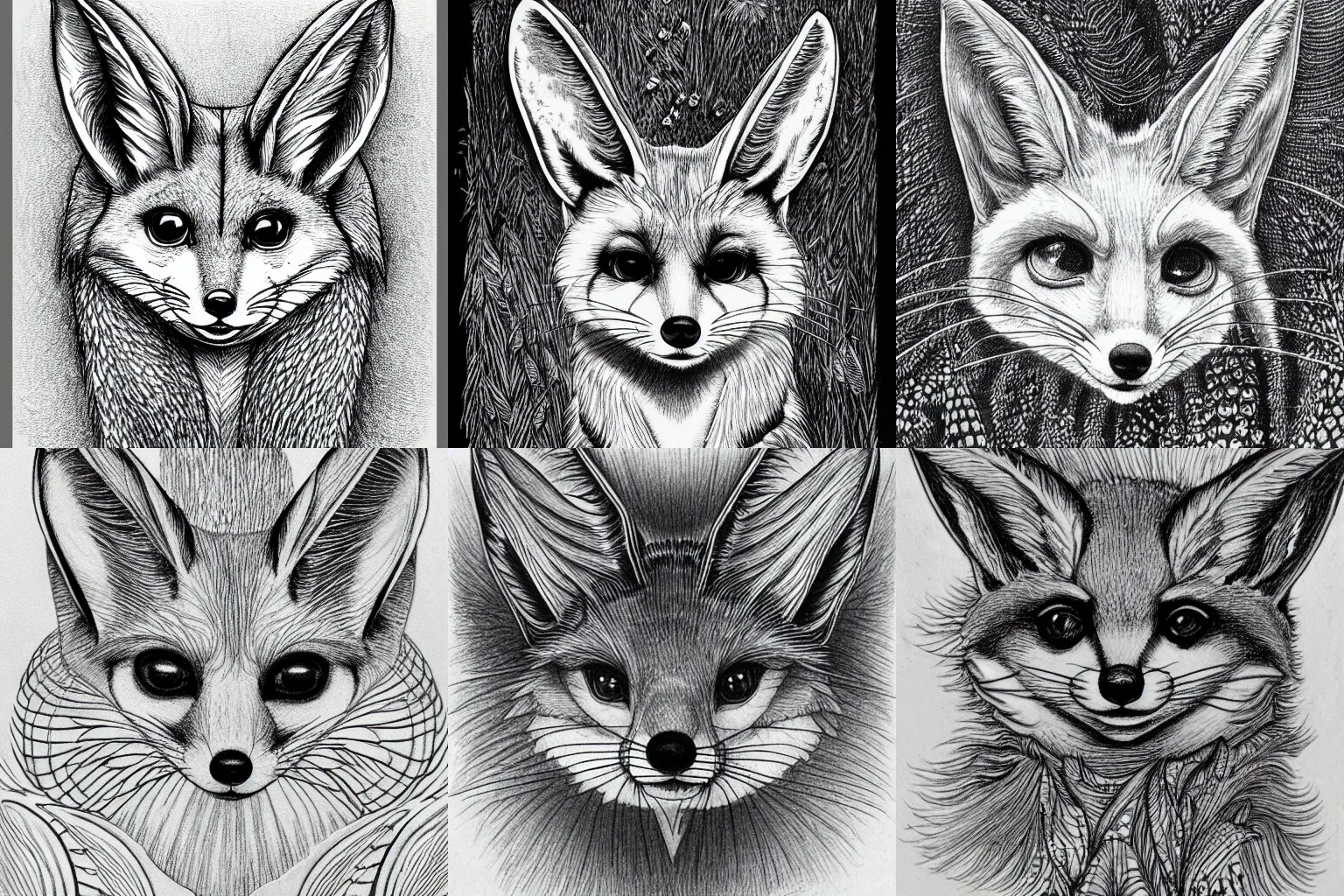 Prompt: complete sketch of the closeup head of a cute fennec by Ernst Haeckel and Junji Ito, graphite on paper