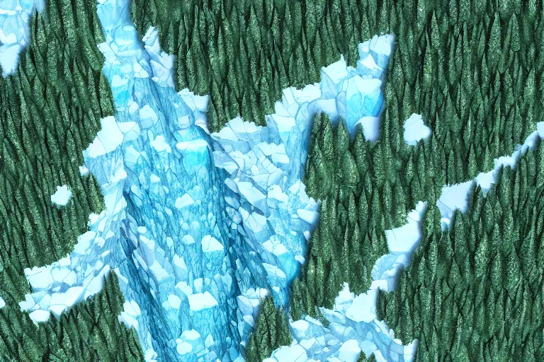 Prompt: areal view of a mile tall ice wall, spanning a continent, dividing a green forest, fantasy, digital art, brilliant, trending on artstation