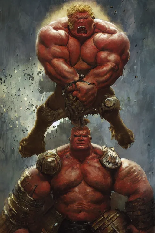 Prompt: upper body and head portrait of hulking brock lesnar as marvel juggernaut wearing battered armour, norman rockwell, wayne barlow, raymond swanland, tom lovell, alex malveda, boris vallejo, jack kirby, lawrence alma tadema, greg staples, jeremy mann, artstation comic character concept