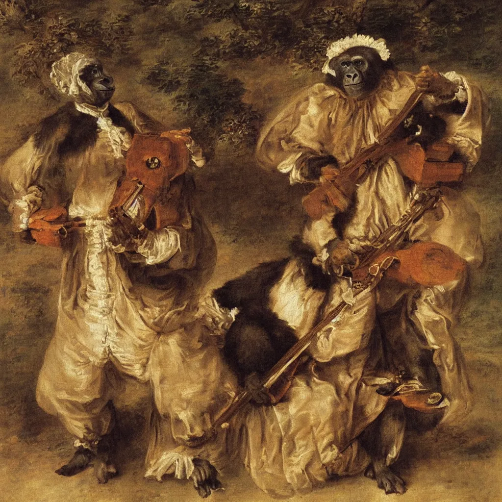 Image similar to oil painting by Watteau of a gorilla in 18th century clothing playing a hurdy-gurdy.