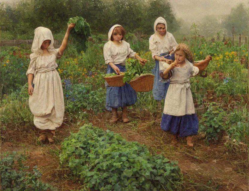 Image similar to 3 peasant girl picking vegetables from garden, cottage core, cinematic focus, polaroid photo bleached vintage pastel colors high - key lighting, soft lights, foggy, by steve hanks, by lisa yuskavage, by serov valentin, by tarkovsky, 8 k render, detailed, oil on canvas