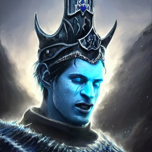 Image similar to a matte full likeness painting of travis scott as the lich king wearing a crown made of ice, icey, world of warcraft, digital art, fantasy, realistic lighting, in the style of greg rutkowski