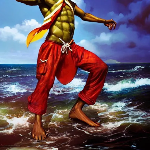 Image similar to Jamaican fisherman wearing calico cloth and posing in a battle stance in the Jamaican sea, style by Ross Tran and Artgerm and Peter Mohrbacher