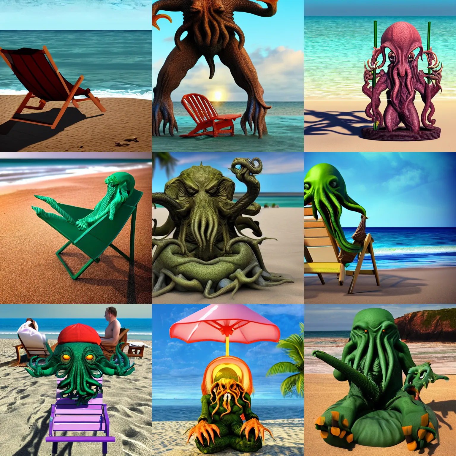 Prompt: Cthulhu sitting in beach chair, alcohol, beach, sun, ocean, realistic, render