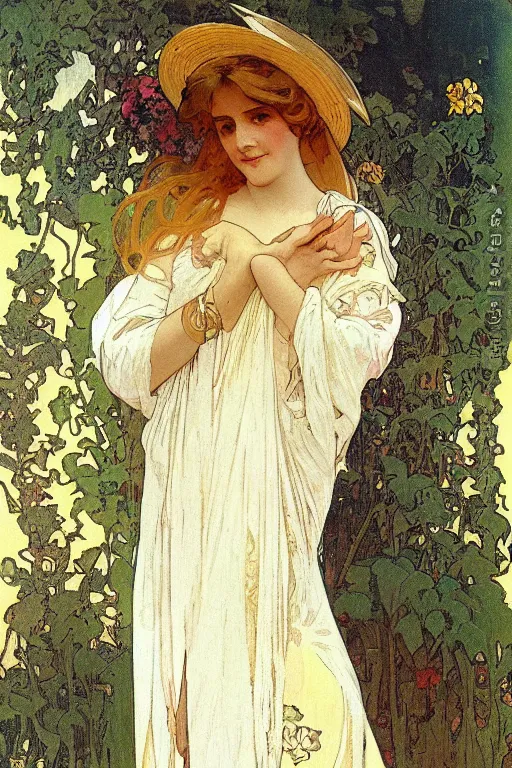 Prompt: a portrait of a beautiful woman in a summer dress by Alphonse Mucha