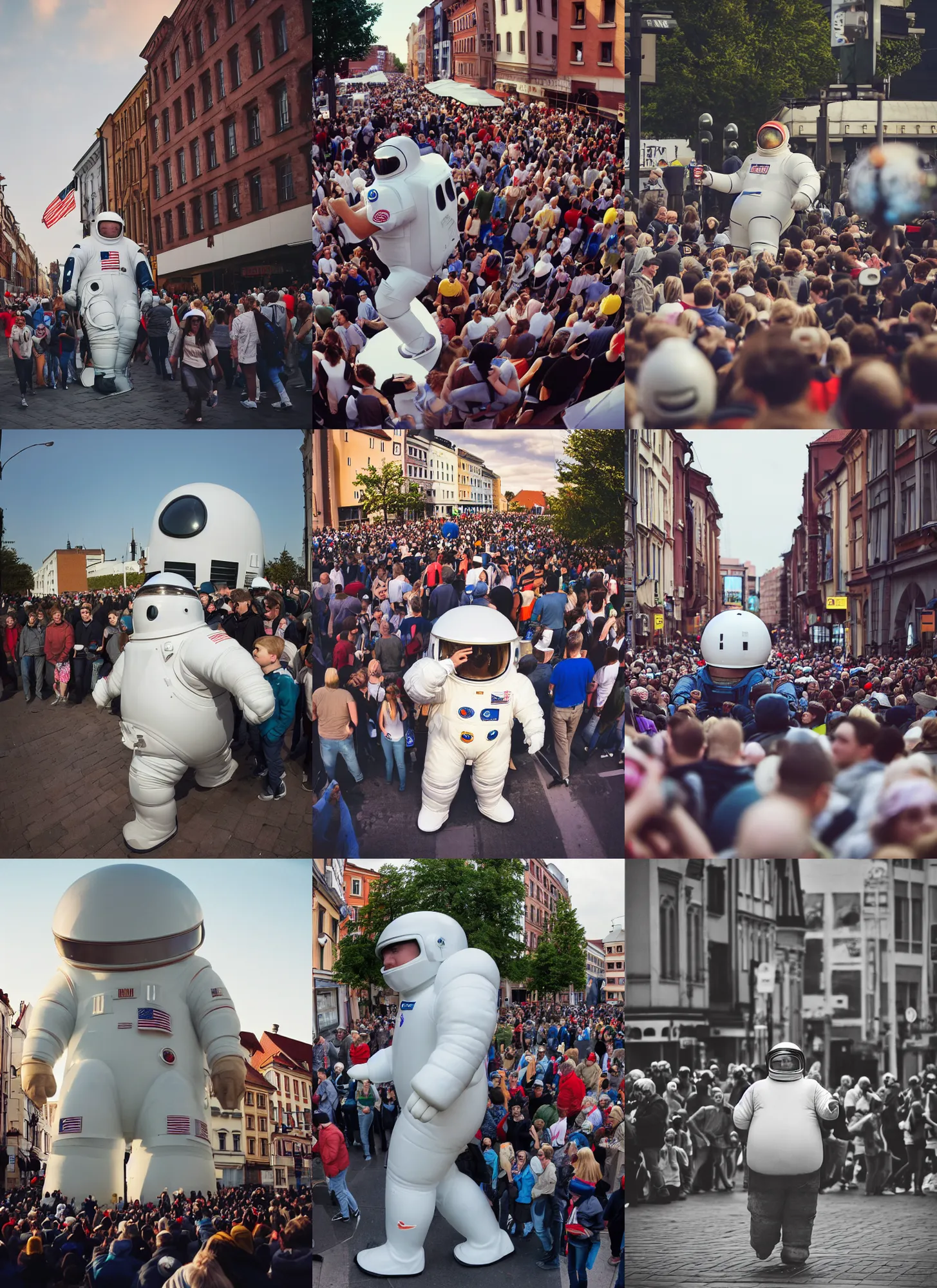 Prompt: color photograph by legnica, extreme low angle long shot, white extremely oversized giant!! chubby fat american astronaut in spacesut with oversized helmet walking in legnica, surrounded by crowd, movie still, bokeh, cinematic focus, backlighting!, sunrise, dramatic, film, photography, depth of field, award - winning, overcast, 8 k, 3 5 mm film grain