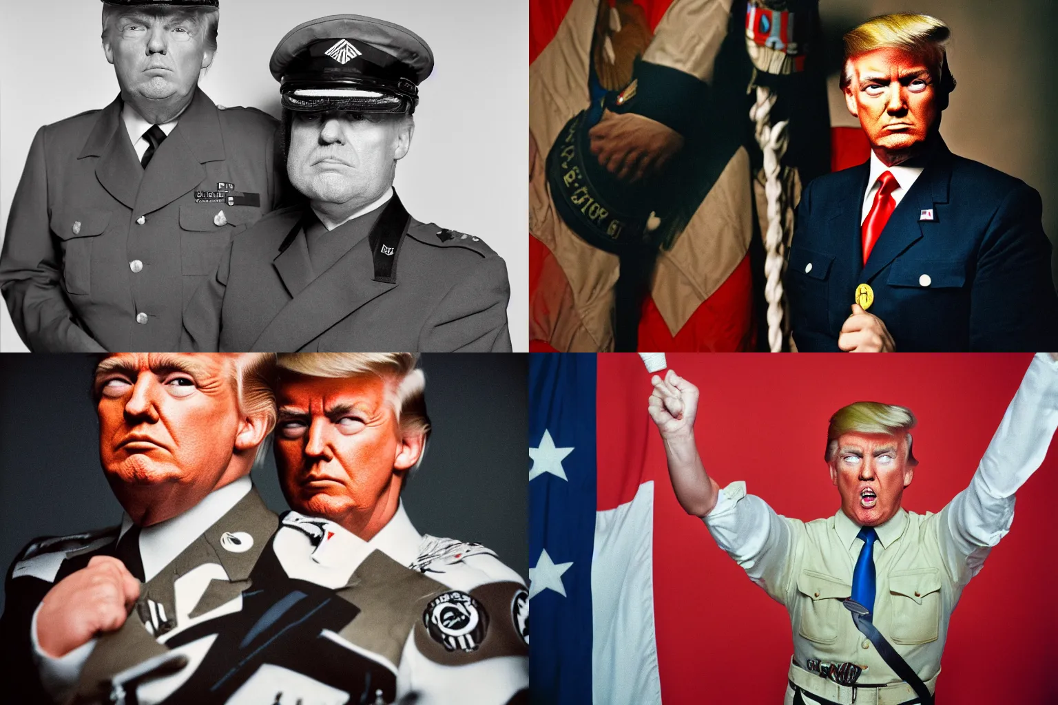 Prompt: solo upper body portrait photograph of a (Donald Trump wearing Reichsführer outfit), off-camera flash, canon 35mm lens f8 aperture, color Ektachrome photograph, single point of light