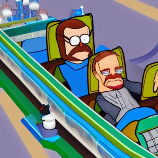 Image similar to Heisenberg sitting in a roller coaster, having a great time, in the style of rollercoaster tycoon 2