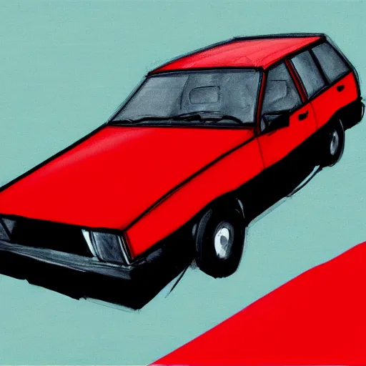 Prompt: abstract sketch of a Volvo 240, red background, thick black lines