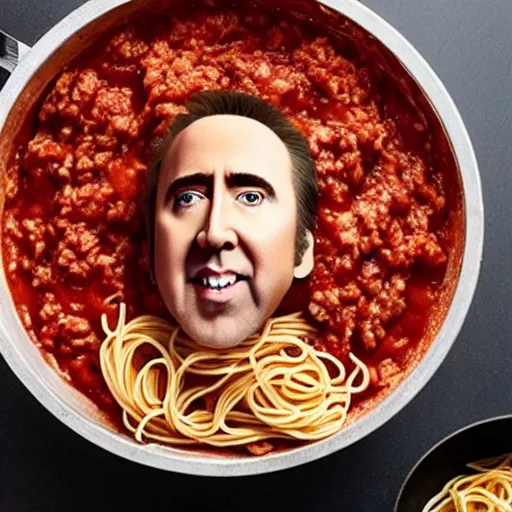 Image similar to nicolas cage sitting in a tub filled with spaghetti bolognese