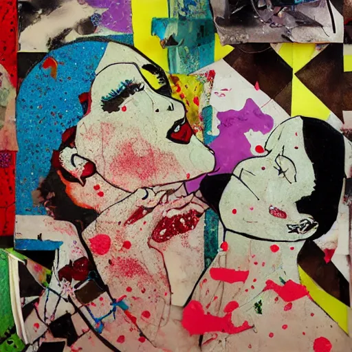 Prompt: two horrifying women kissing at a carnival, mixed media collage, retro, paper collage, magazine collage, acrylic paint splatters, bauhaus, abstract claymation, layered paper art, sapphic visual poetry expressing the utmost of desires by jackson pollock