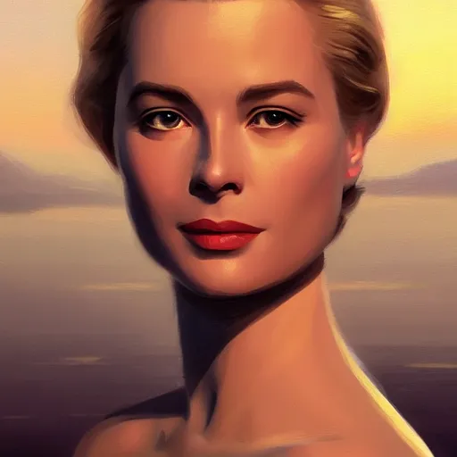 Image similar to a closeup portrait of a grace kelly, dramatic light, lake background, sunset, high contrast, sharp, painted by stanley lau, painted by greg rutkowski, painted by stanley artgerm, digital art, trending on artstation