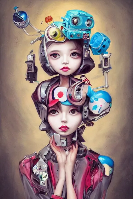 Image similar to pop surrealism, lowbrow cute girl painting, hyper realism, robotic girl, japanese street fashion