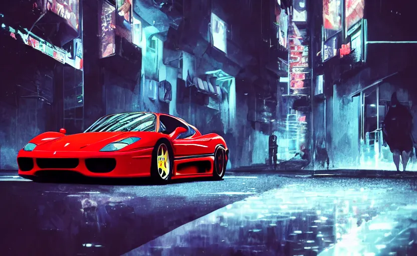 Prompt: a red Ferrari F50 in the streets at night whit cyan headlights on, by Khyzyl Saleem, night time, heavy storm, atmospheric, artstaion, concept art, illustration, sharp focus, high detail, octane render, cyberpunk, intimidating