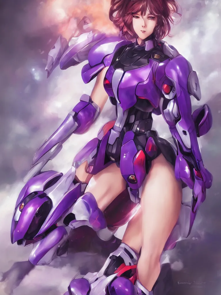 Image similar to A realistic anime portrait of a woman in a Gundam suit with glowing purple, digital painting, by Stanley Artgerm Lau, Sakimichan, WLOP and Rossdraws, digtial painting, trending on ArtStation, SFW version