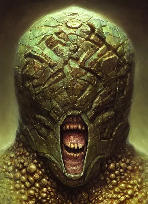 Image similar to rock golem mf doom reptile eyes, stone skin. intricate, elegant, highly detailed, centered, digital painting, artstation, concept art, smooth, sharp focus, illustration, artgerm, tomasz alen kopera, peter mohrbacher, donato giancola, joseph christian leyendecker, wlop, frank frazetta