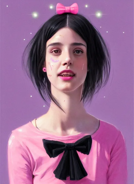 Image similar to portrait of teenage girl, realistic, black hair, bangs, half updo hairstyle, pointy nose, skinny, smile, ugly, defined jawline, big chin, pink hair bow, earrings, intricate, elegant, glowing lights, highly detailed, digital painting, artstation, sharp focus, illustration, art by wlop, mars ravelo and greg rutkowski