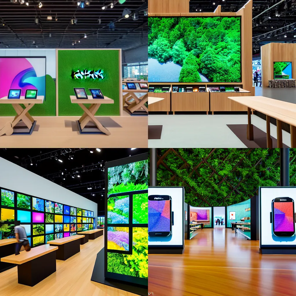 Prompt: (mobiles and tablets on display on large tables in a wood and concrete flagship retail interior Samsung Microsoft Apple Foster & Partners empty stools, lush verdant plants, colorful digital screens) XF IQ4, 14mm, f/1.4, ISO 200, 1/160s, 8K, RAW, unedited, symmetrical balance, architectural photography, in-frame