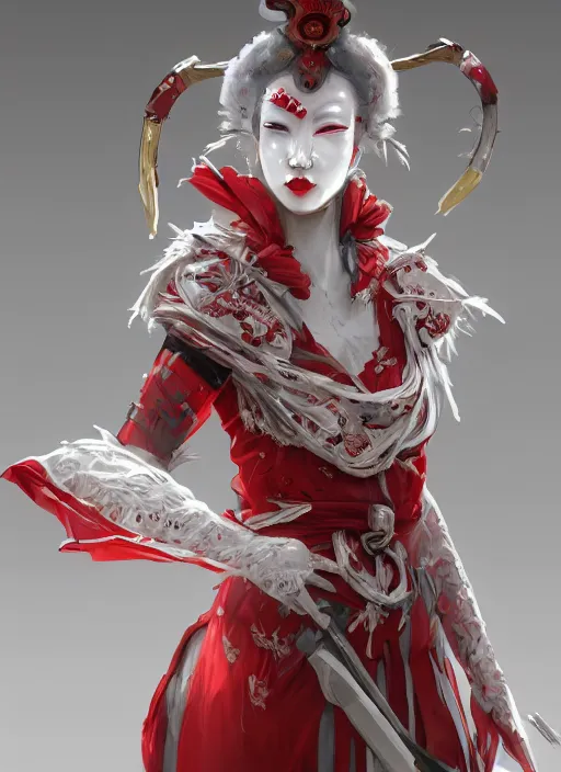 Prompt: albino maiko in a ornated armor war paint, fluent composition, red and white neon, concept art, ambient light, 4 k, intricate details, highly professionally detailed, cgsociety, highly detailed -