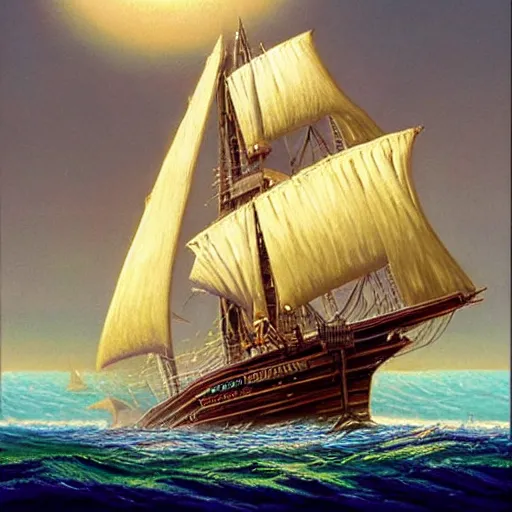 Image similar to A pirate on the high seas that has magical pearlescent shimmering see through sails, painting by David A Hardy