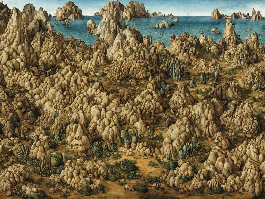Image similar to Seashell citadel. Windswept desert, jagged rocks, marbled boulders, efflorescent cacti, fungus. Painting by Lucas Cranach, Escher.