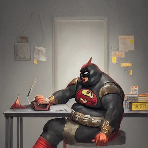 Image similar to a insanely detailed painting of a fat masked superhero wearing a costume sitting at a desk, staring at the nervously at the computer and clicking on the mouse, in the style of peter mohrbacher, dramatic lighting and composition, trending on artstation, concept art, comic book