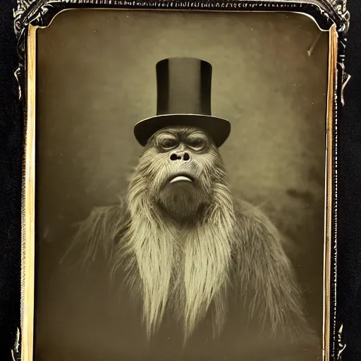 Image similar to a vintage wet plate portrait of a dignified bigfoot with a top hat and cane, extremely detailed, by angus mcbeanbigfoot!!!!!!!!!!!!!!!!!!