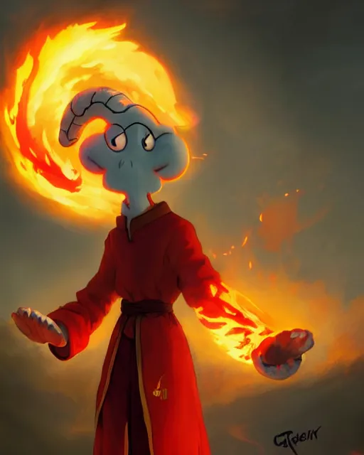 Prompt: squidward wearing fire nation clothing and practicing firebending outside at susnset, [ [ [ [ [ [ greg rutkowski ] ] ] ] ] ]