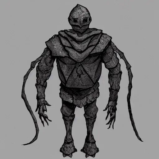 Image similar to Golem with a 12 side polyhedron head. Dark Fantasy, concept art, Bloodborne style