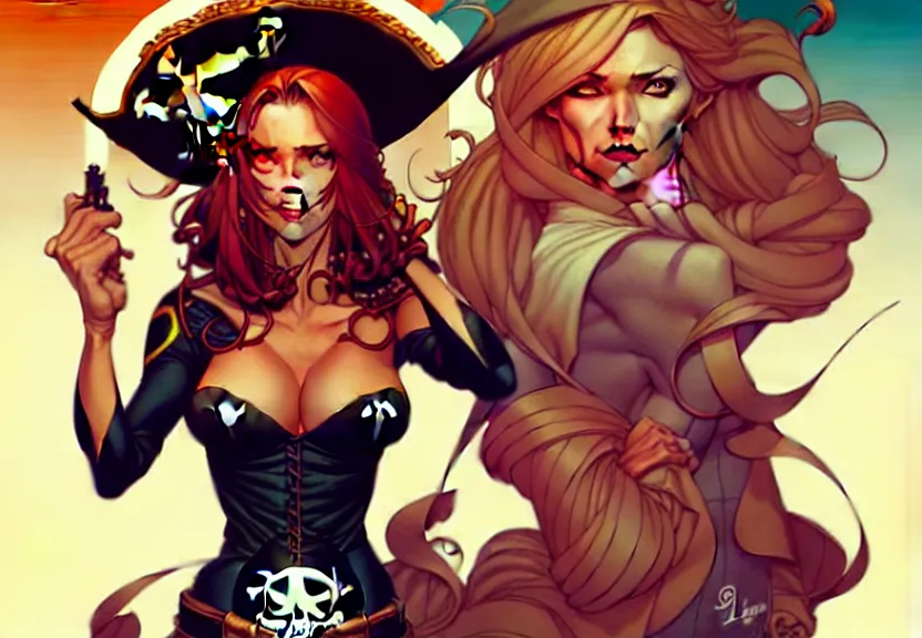 Image similar to artgerm, joshua middleton comic cover art, pretty pirate marisa laren smiling, full body, symmetrical eyes, symmetrical face, long curly black hair, on a pirate ship background, warm colors