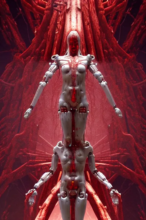 Prompt: high detailed forest a statue jesus on cross made of red marble, perfect symmetrical body, full body shot, inflateble shapes, white biomechanical details, wearing epic bionic cyborg implants, masterpiece, intricate, biopunk, vogue, highly detailed, artstation, concept art, cyberpunk, octane render