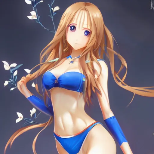 Prompt: a very beautiful mature yuuki asuna, full body, long wavy blond hair, sky blue eyes, full round face, bikini, miniskirt, front view, mid - shot, highly detailed, cinematic wallpaper by stanley artgerm lau